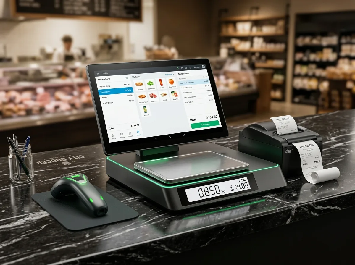 Nexus Tech industrial touchscreen POS terminal integrated with serial electronic weigh scale